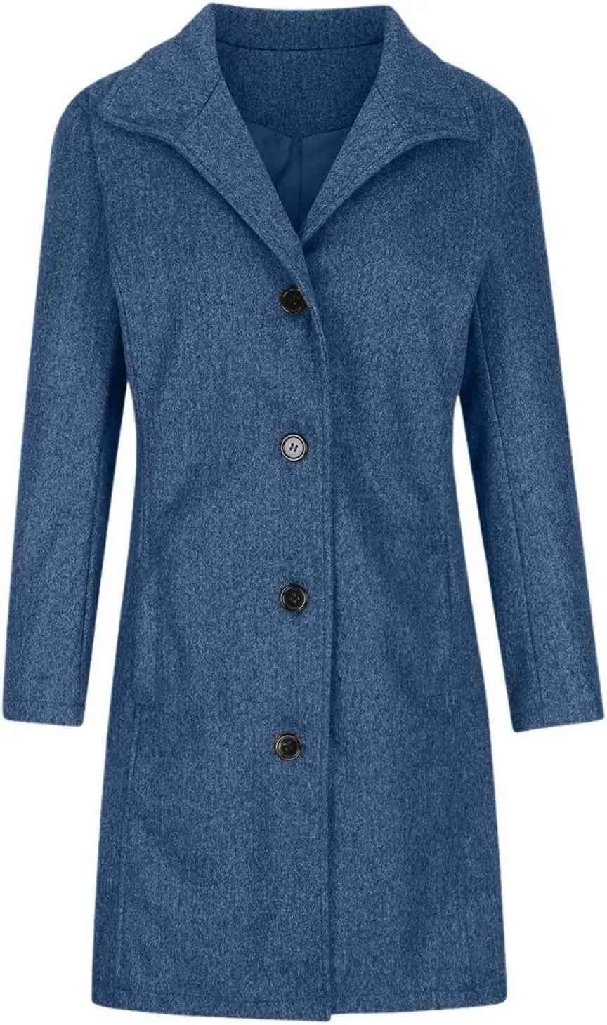 Women's Solid Color Thermal Windbreaker Notched Lapel Single Breasted Thick A-Line Wool Pea Coat with Pockets