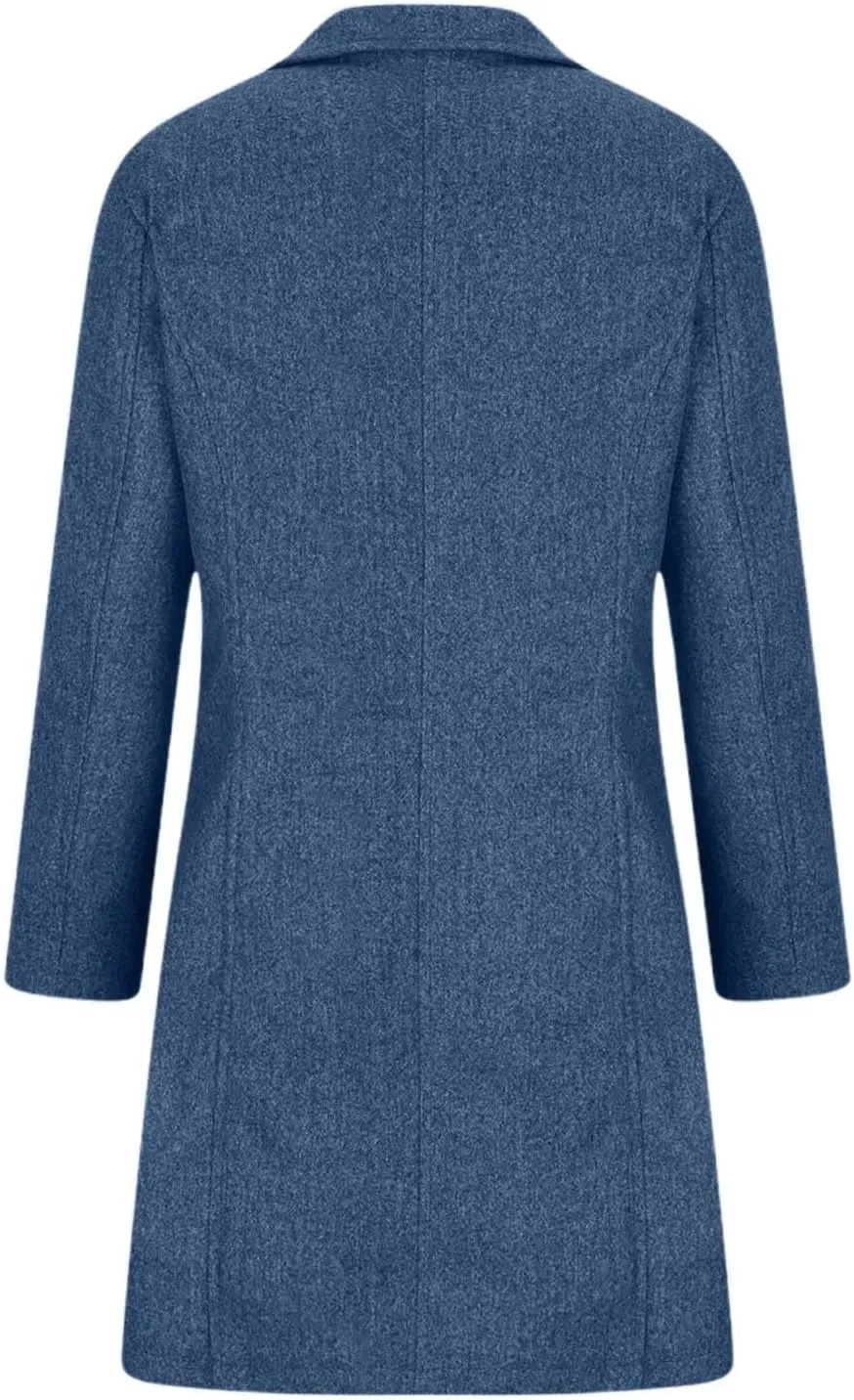 Women's Solid Color Thermal Windbreaker Notched Lapel Single Breasted Thick A-Line Wool Pea Coat with Pockets