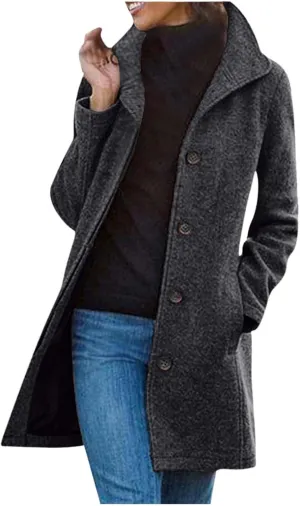 Women's Solid Color Thermal Windbreaker Notched Lapel Single Breasted Thick A-Line Wool Pea Coat with Pockets