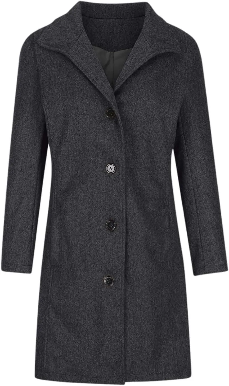 Women's Solid Color Thermal Windbreaker Notched Lapel Single Breasted Thick A-Line Wool Pea Coat with Pockets