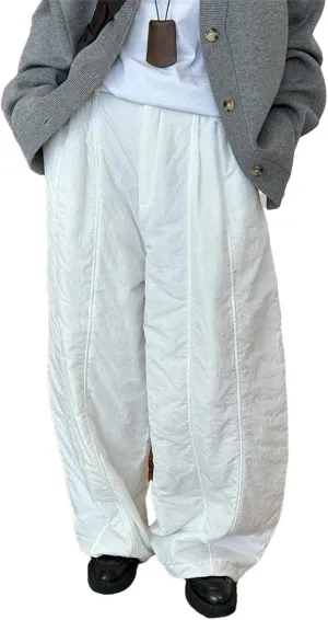 Women’s White Cotton-Padded Wide-Leg Pants High Elastic Waist Year-Round Winter Trousers