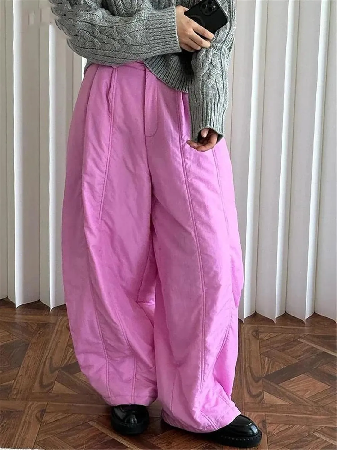 Women’s White Cotton-Padded Wide-Leg Pants High Elastic Waist Year-Round Winter Trousers