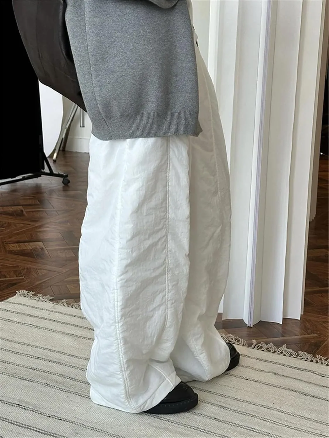 Women’s White Cotton-Padded Wide-Leg Pants High Elastic Waist Year-Round Winter Trousers