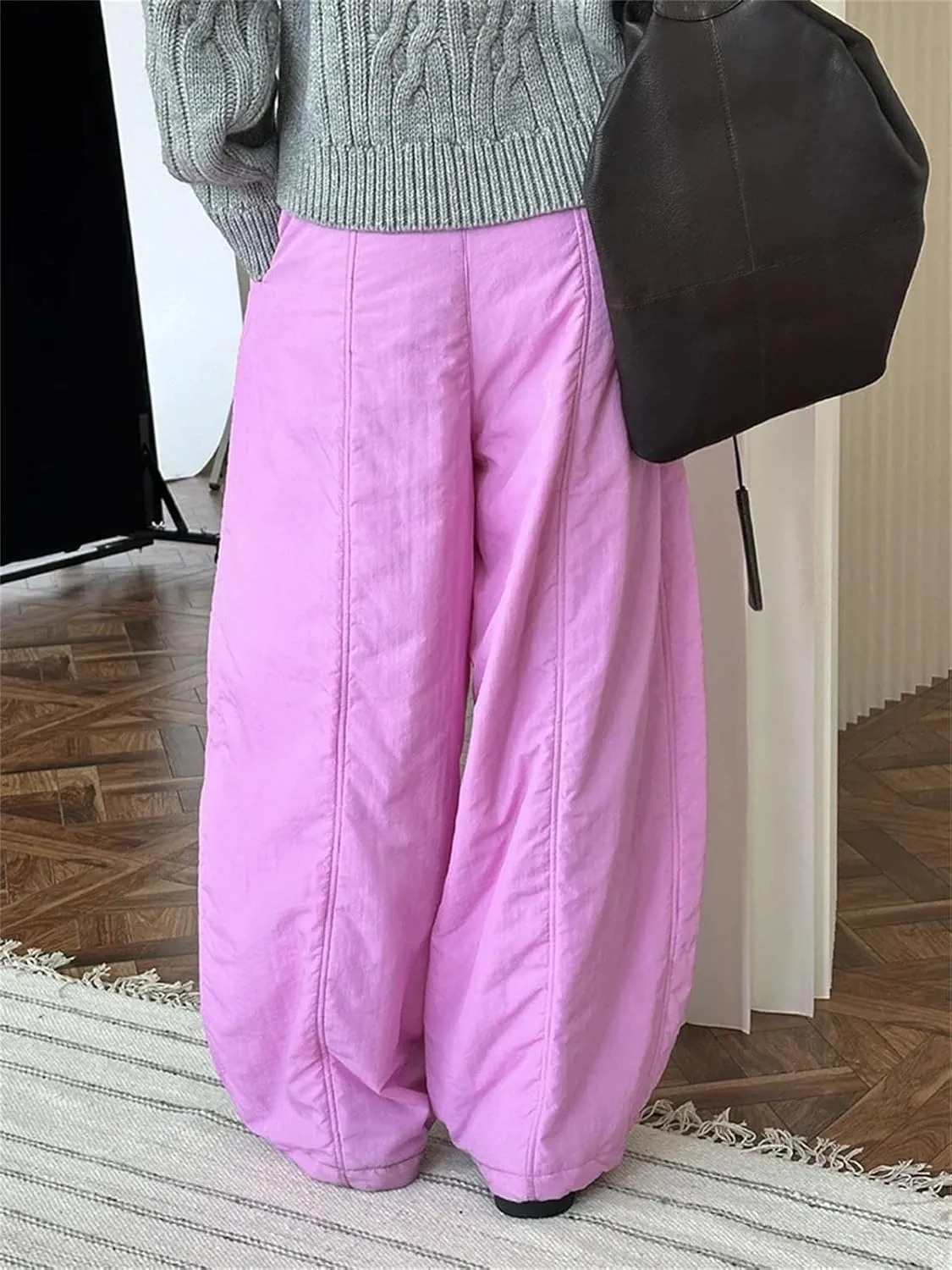 Women’s White Cotton-Padded Wide-Leg Pants High Elastic Waist Year-Round Winter Trousers