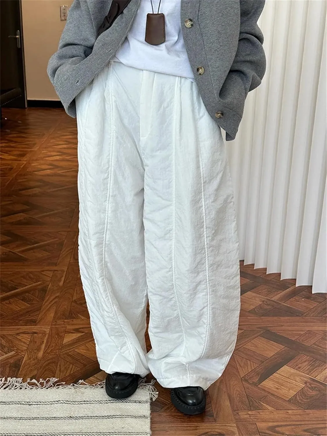 Women’s White Cotton-Padded Wide-Leg Pants High Elastic Waist Year-Round Winter Trousers