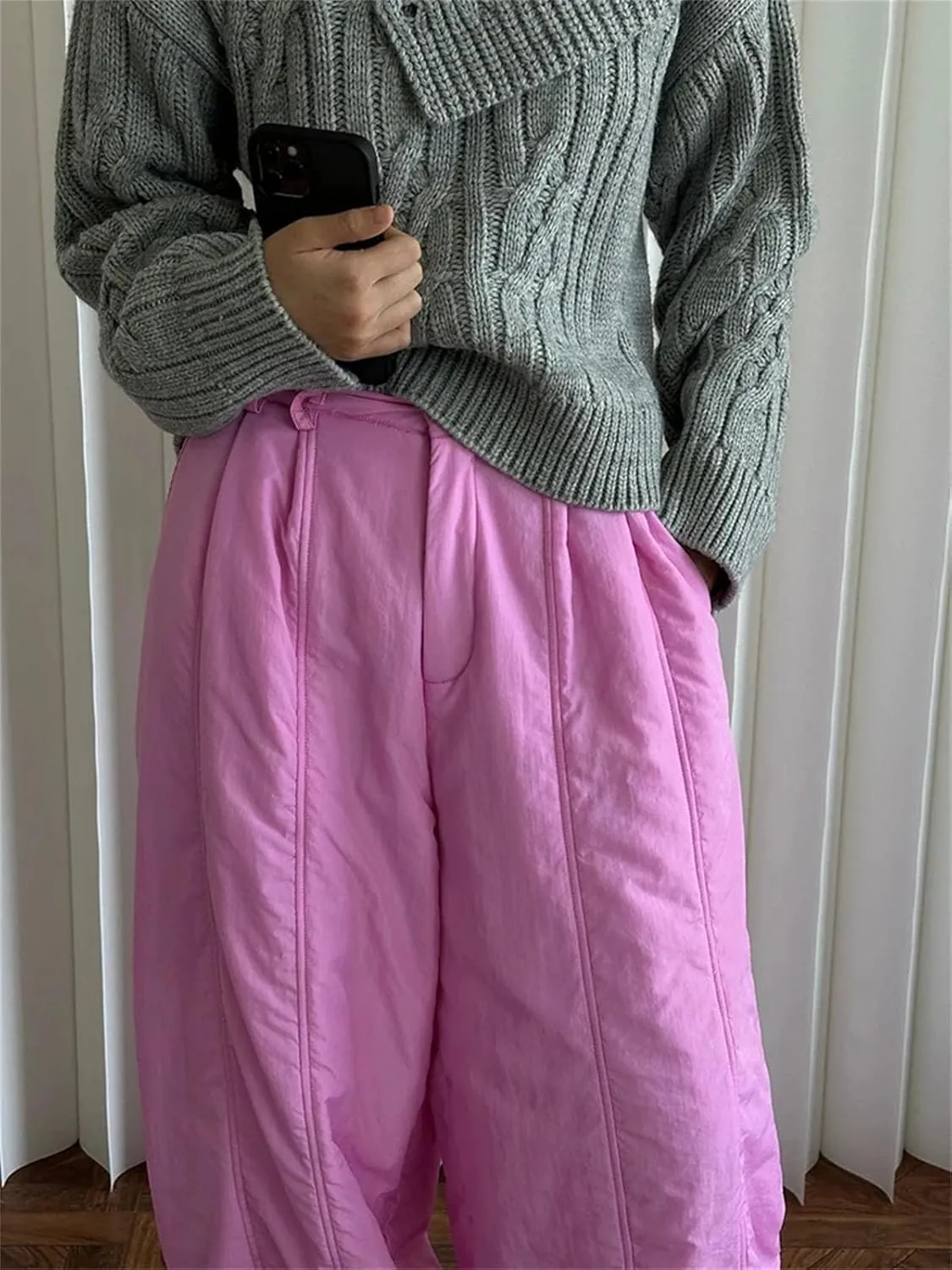 Women’s White Cotton-Padded Wide-Leg Pants High Elastic Waist Year-Round Winter Trousers
