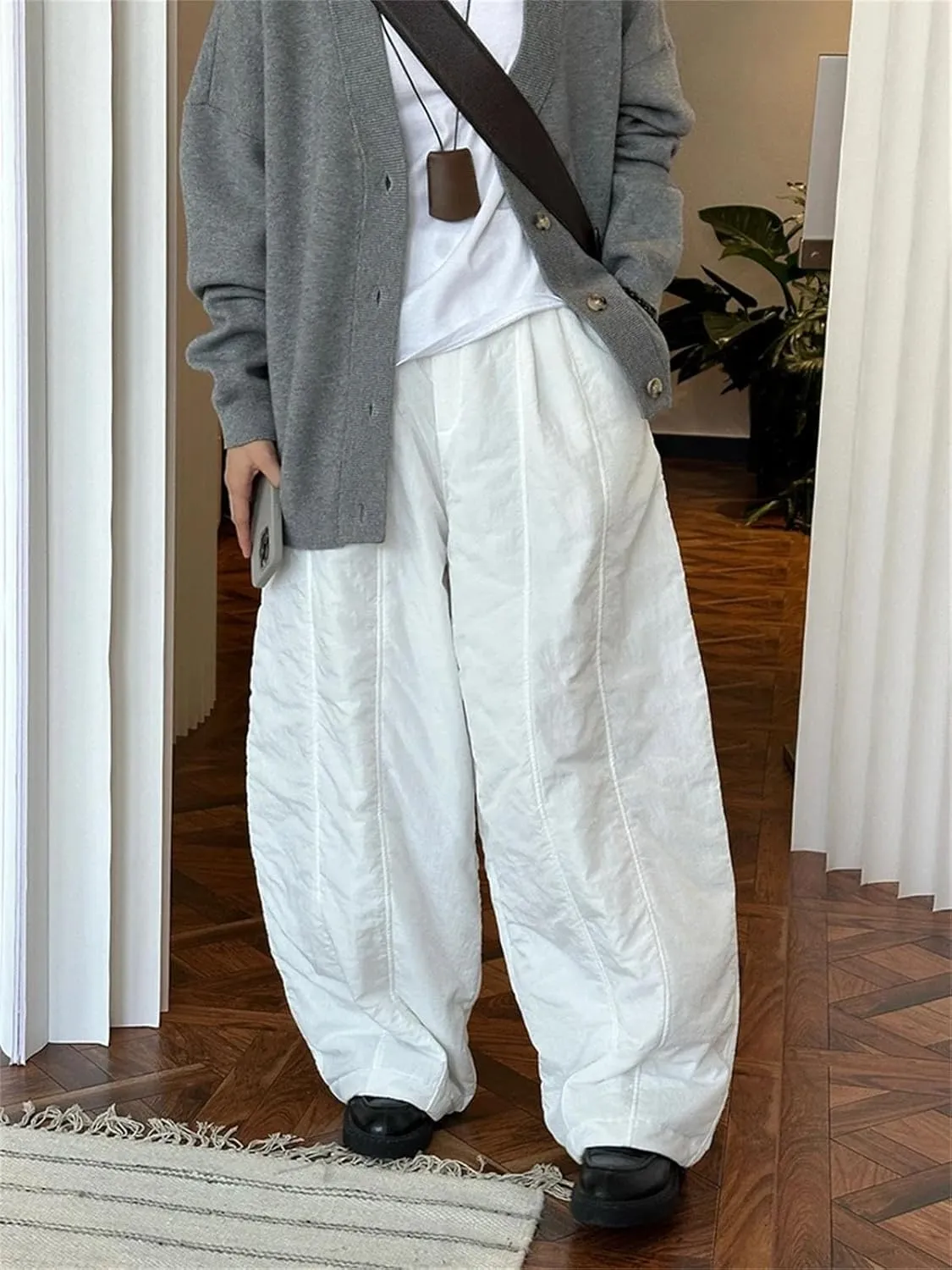 Women’s White Cotton-Padded Wide-Leg Pants High Elastic Waist Year-Round Winter Trousers