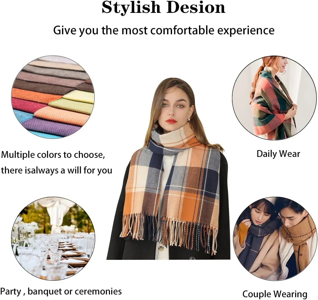 Women's Winter Spring Warm Plaid Scarves,Cashmere Feel Scarf,Knit Tassel Thick Shawl,Birthday Christmas New Year Gift.