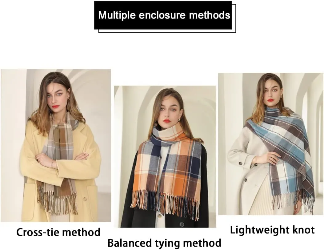 Women's Winter Spring Warm Plaid Scarves,Cashmere Feel Scarf,Knit Tassel Thick Shawl,Birthday Christmas New Year Gift.