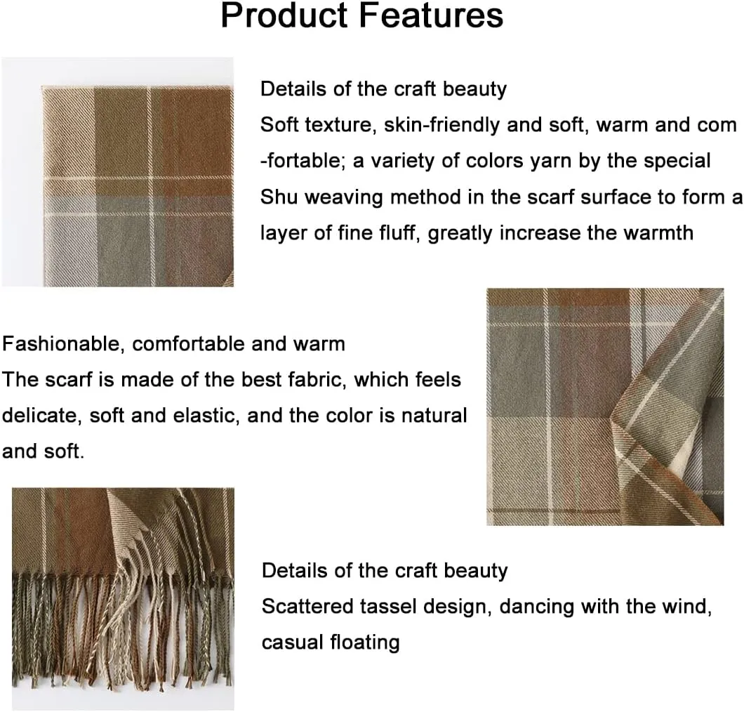 Women's Winter Spring Warm Plaid Scarves,Cashmere Feel Scarf,Knit Tassel Thick Shawl,Birthday Christmas New Year Gift.