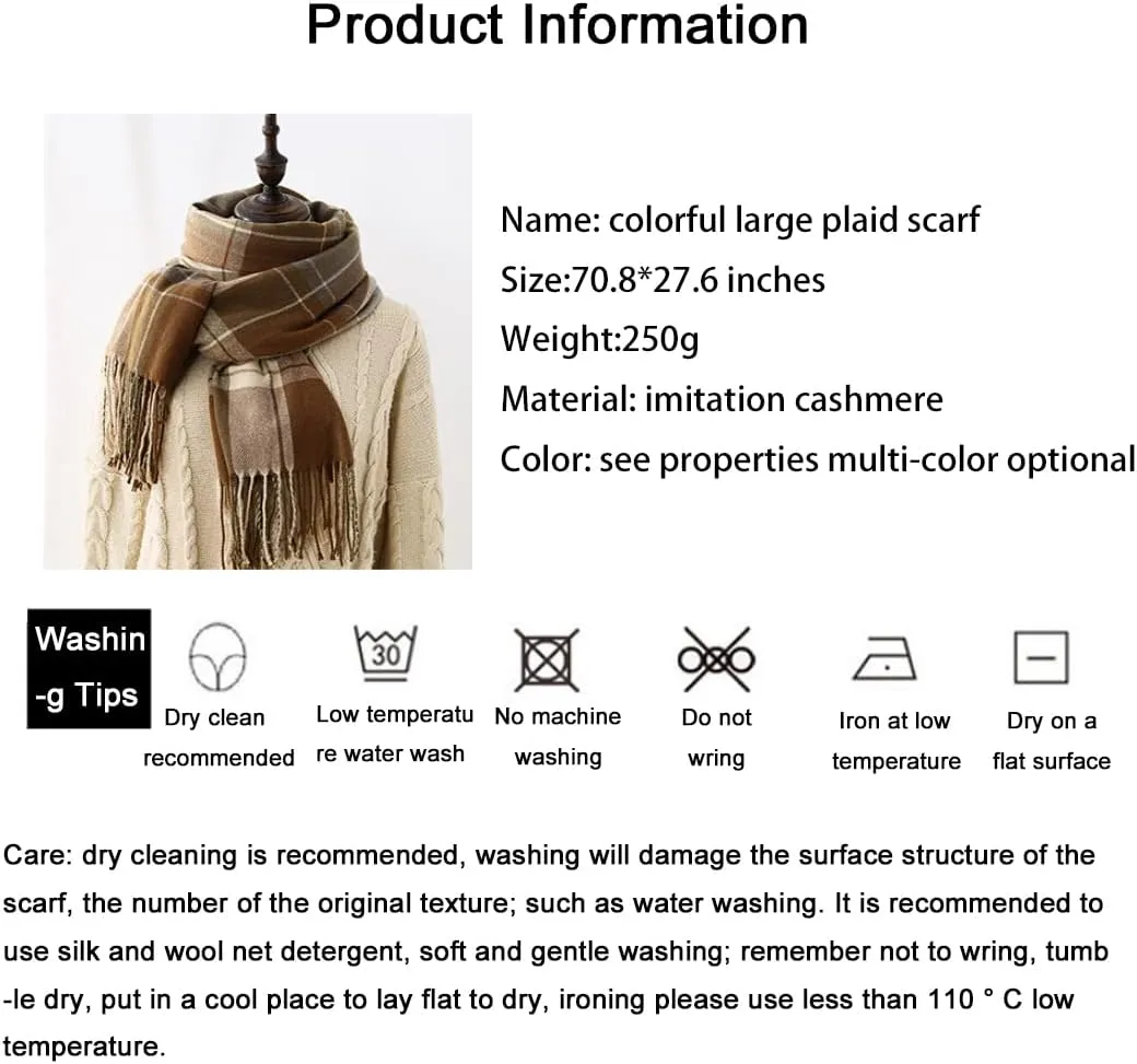 Women's Winter Spring Warm Plaid Scarves,Cashmere Feel Scarf,Knit Tassel Thick Shawl,Birthday Christmas New Year Gift.